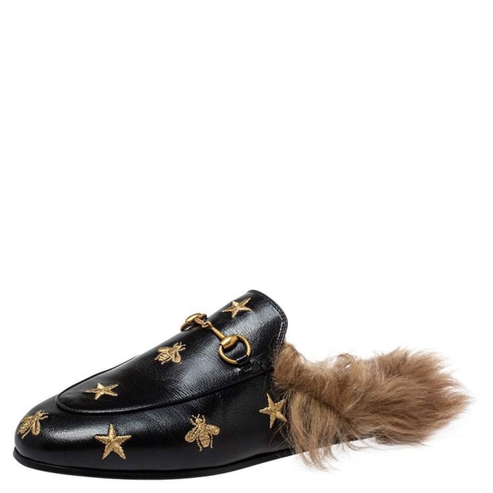 Gucci Princetown bee mule loafer with fur Size 39